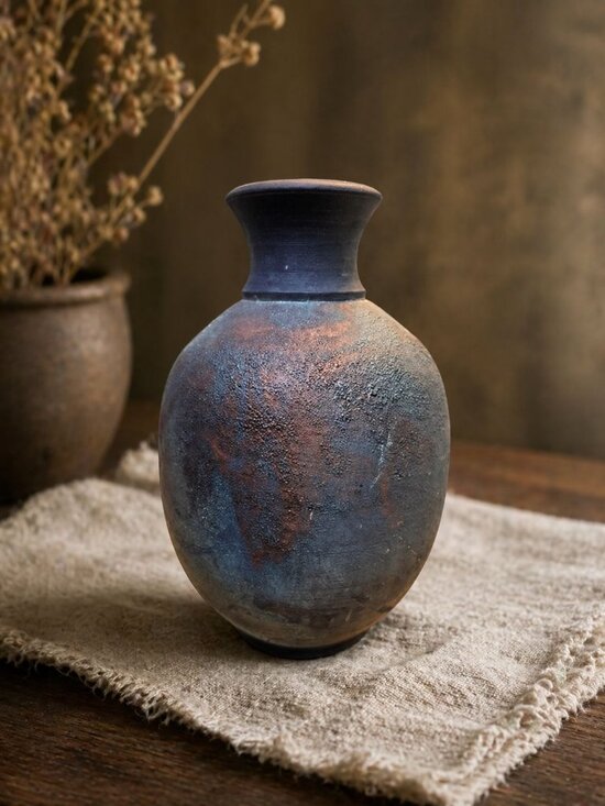 N/A Other - Handcrafted Raku Pottery Vase With Multicolor Iridescent Finish Unique Wabi Sabi